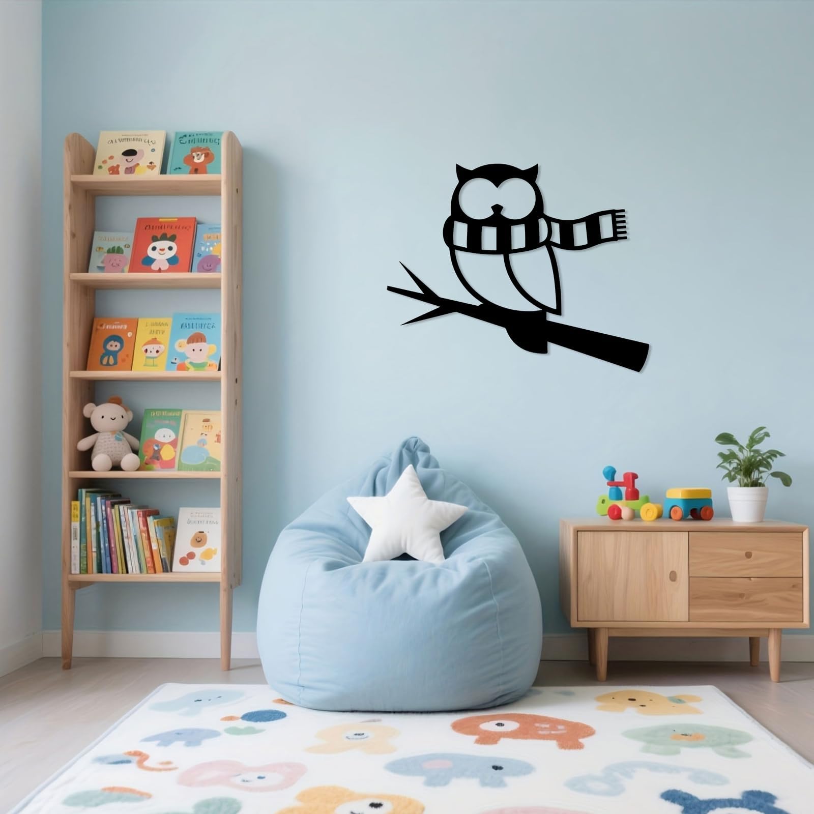 Metalowa sztuka ścienna do salonu, rzeźba gospodarstwa domowego układ sceny (61 cm) | Sowa nosząca szalik metalowy sztuka ścienna dekoracja ścienna metalowa dekoracja zewnętrzna