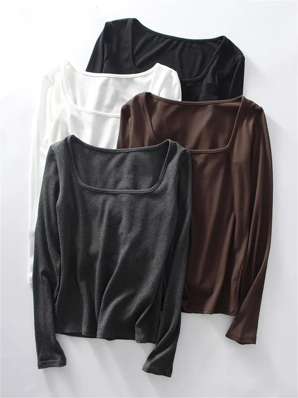 Basic Long Sleeve T-Shirt Women Elastic Solid Slim Fit Leisure Top Tees Big Neck for Pullovers Coffee