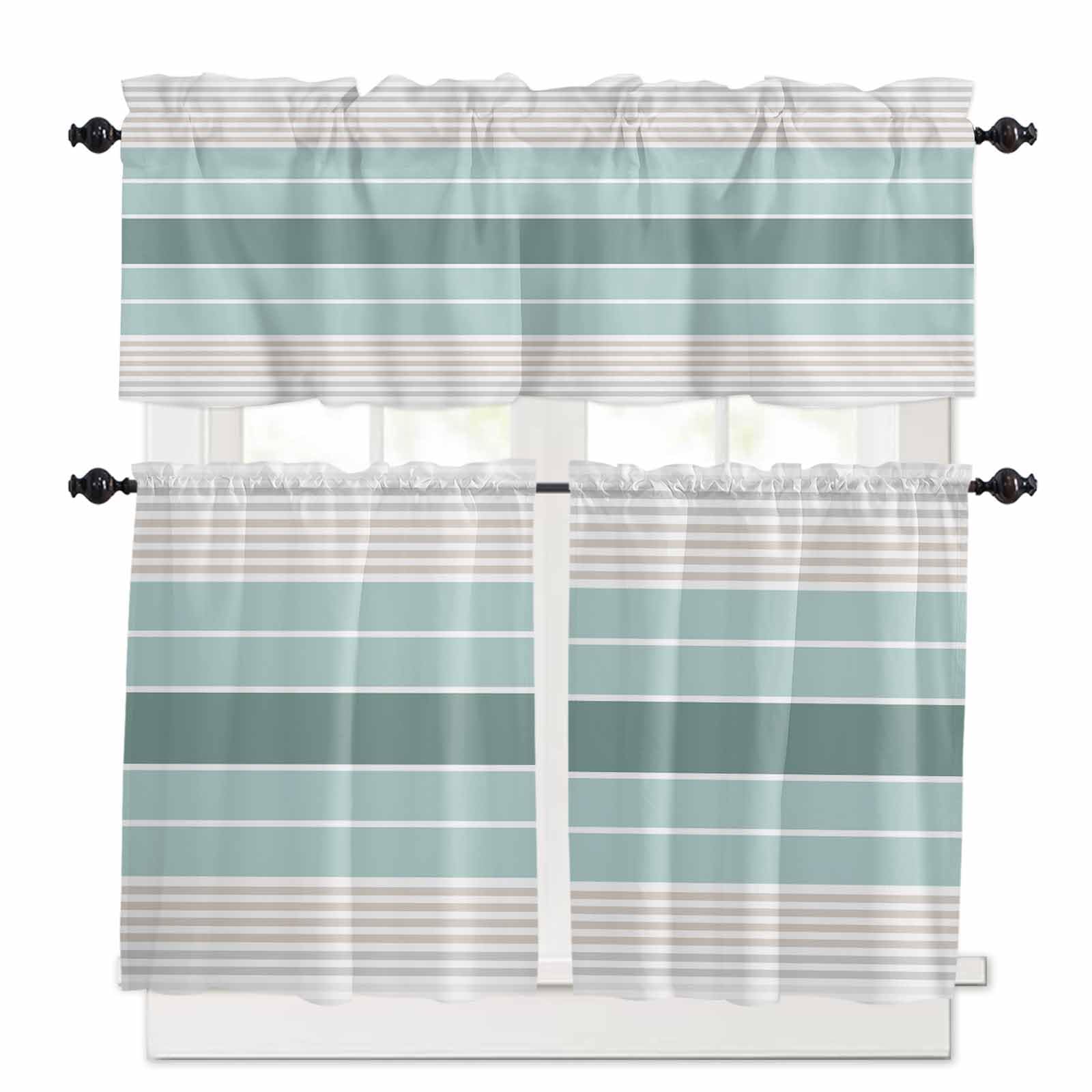 Teal Aqua Stripes Kitchen Curtains 36 Inch Length, 3 Piece Rod Pocket Small Half Tiers and Valance Set, Modern Ombre Abstract Aesthetics Small Large Window Treatment Decor for Bedroom/Bathroom Sink