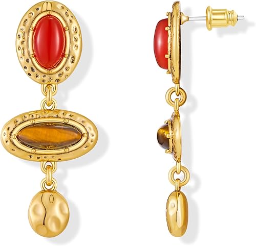 Aretes colgantes de oro vintage para mujer, con ajustes de metal dorado antiguo con imitación de cornalina roja y ojo de tigre marrón, aretes únicos