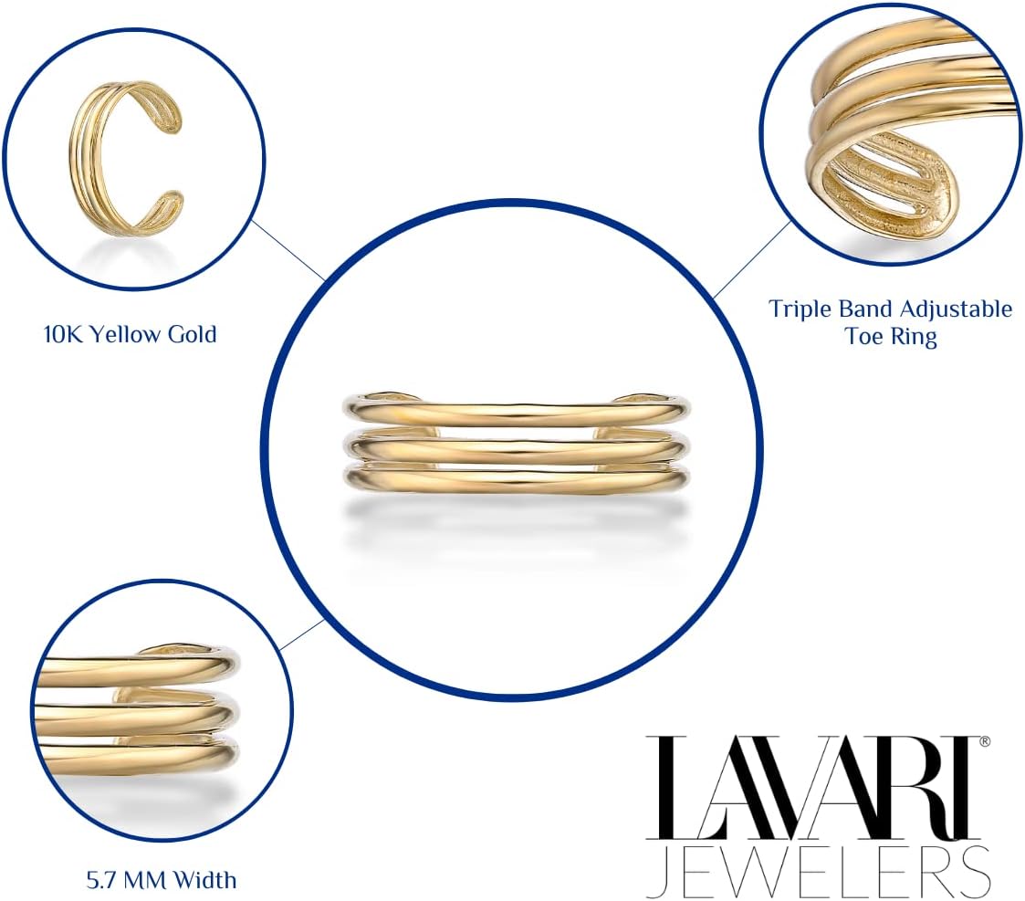 Lavari Jewelers Adjustable Triple Row Open Band Toe Ring for Women I 10k White or Yellow Gold Toe Ring for Her I One Size Fits Most Toes I 5.7 mm Wide Body Jewelry