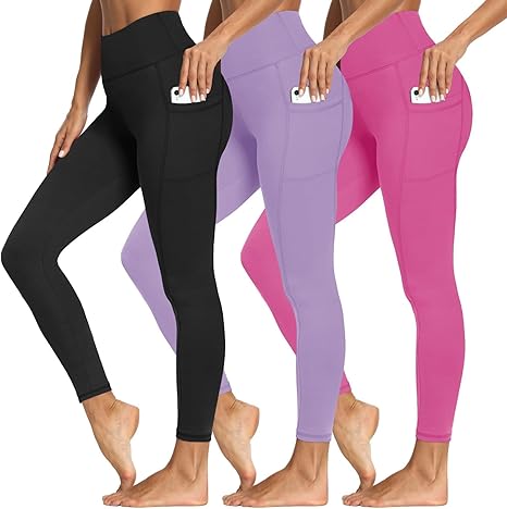 3 Packs Leggings with Pockets for Women, Soft High Waisted Tummy Control Workout Yoga Pants