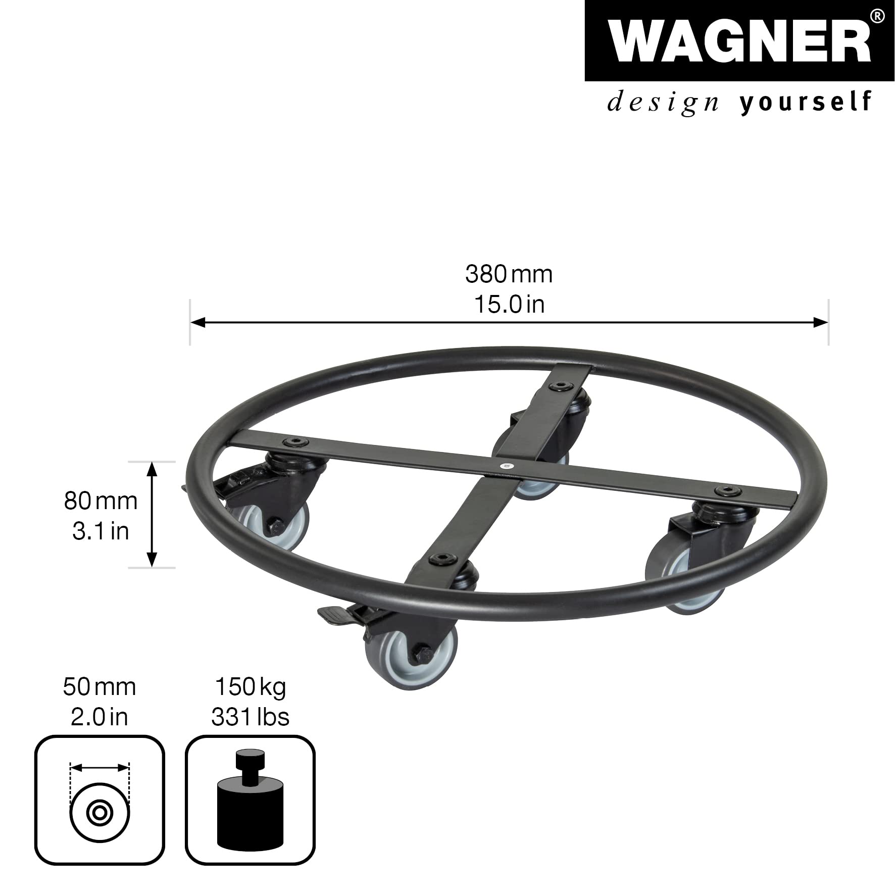 WAGNER Pflanzenroller Skelett Round - Ø 38 x 8 cm I Pflanzenroller, Soft-Rollen mit Bremsen I für Innen - & Außenbereich I Blumenroller Stahl beschichtet schwarz I Tragkraft 150 kg - 20701201