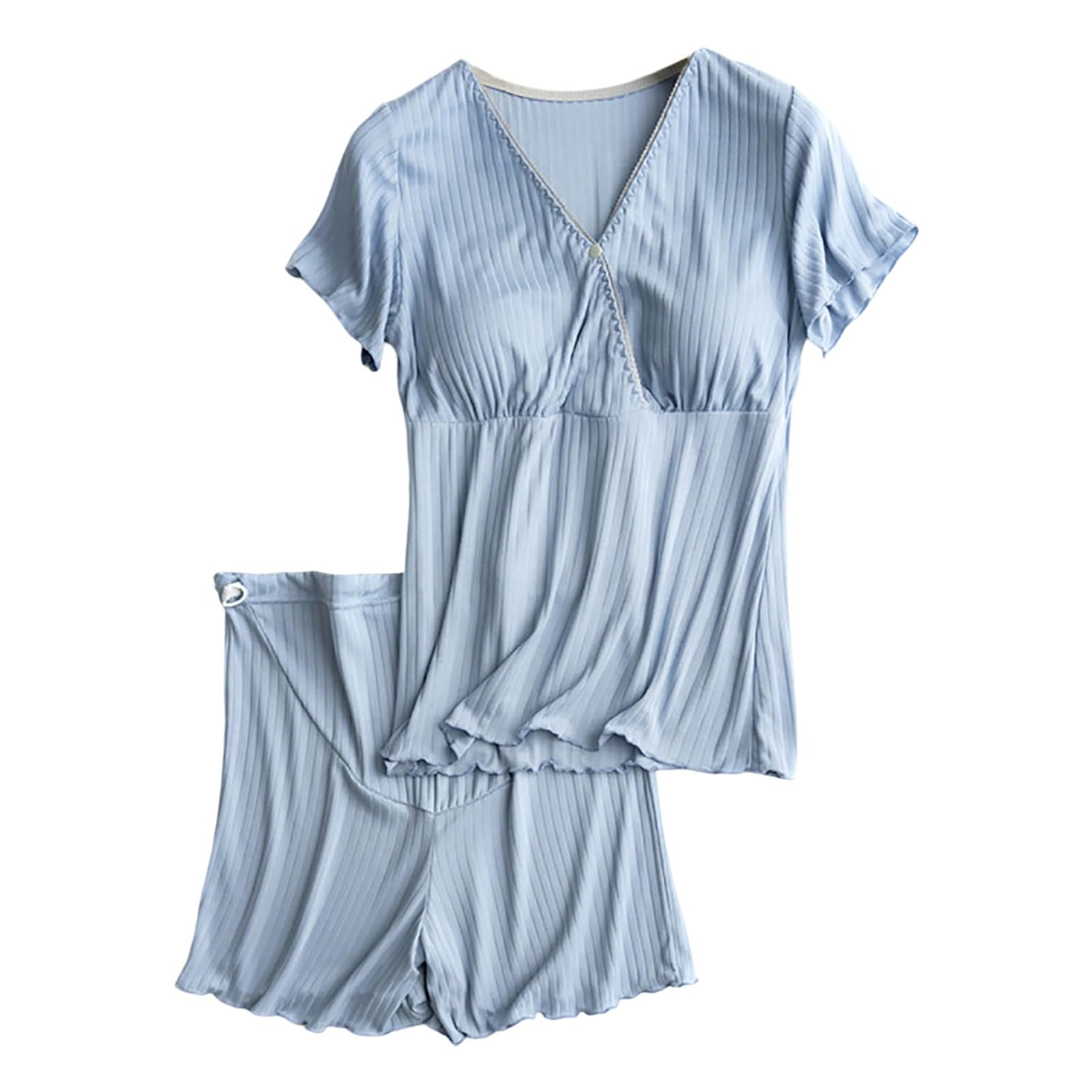 Ensemble pyjama de grossesse à manches courtes pour femme - Respirant - Vêtement de maison - Haut côtelé - Vêtement de grossesse - Taille haute - Pyjama d'allaitement - Short en tissu