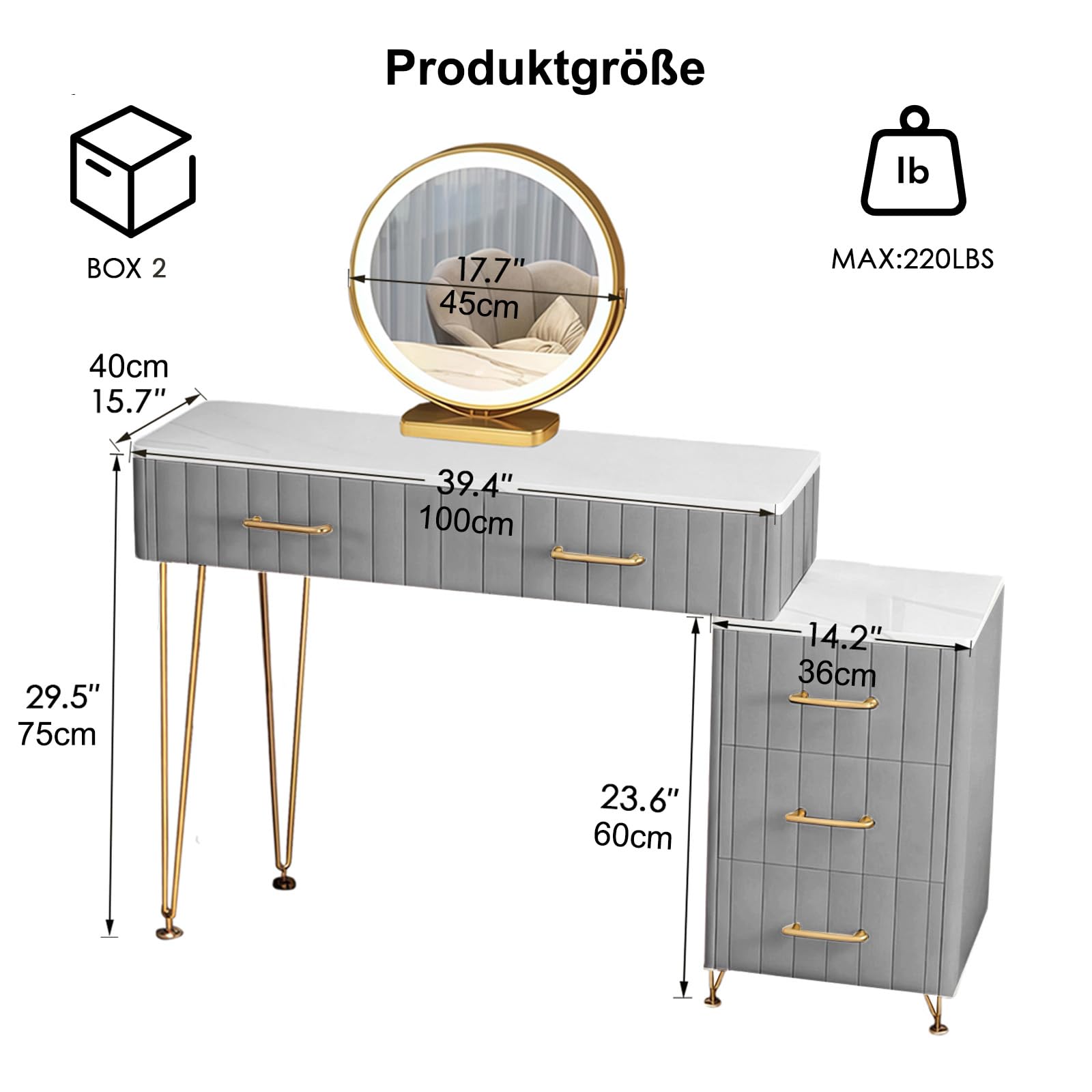 Grau Schminktisch mit Spiegel, Luxuriöse Frisiertisch mit Vergoldete Griffe und Samt, 5 Schubladenb und Schrank, Moderner Kosmetiktisch für Mädchen Schlafzimmer, Einfach zu Montieren, 100cm