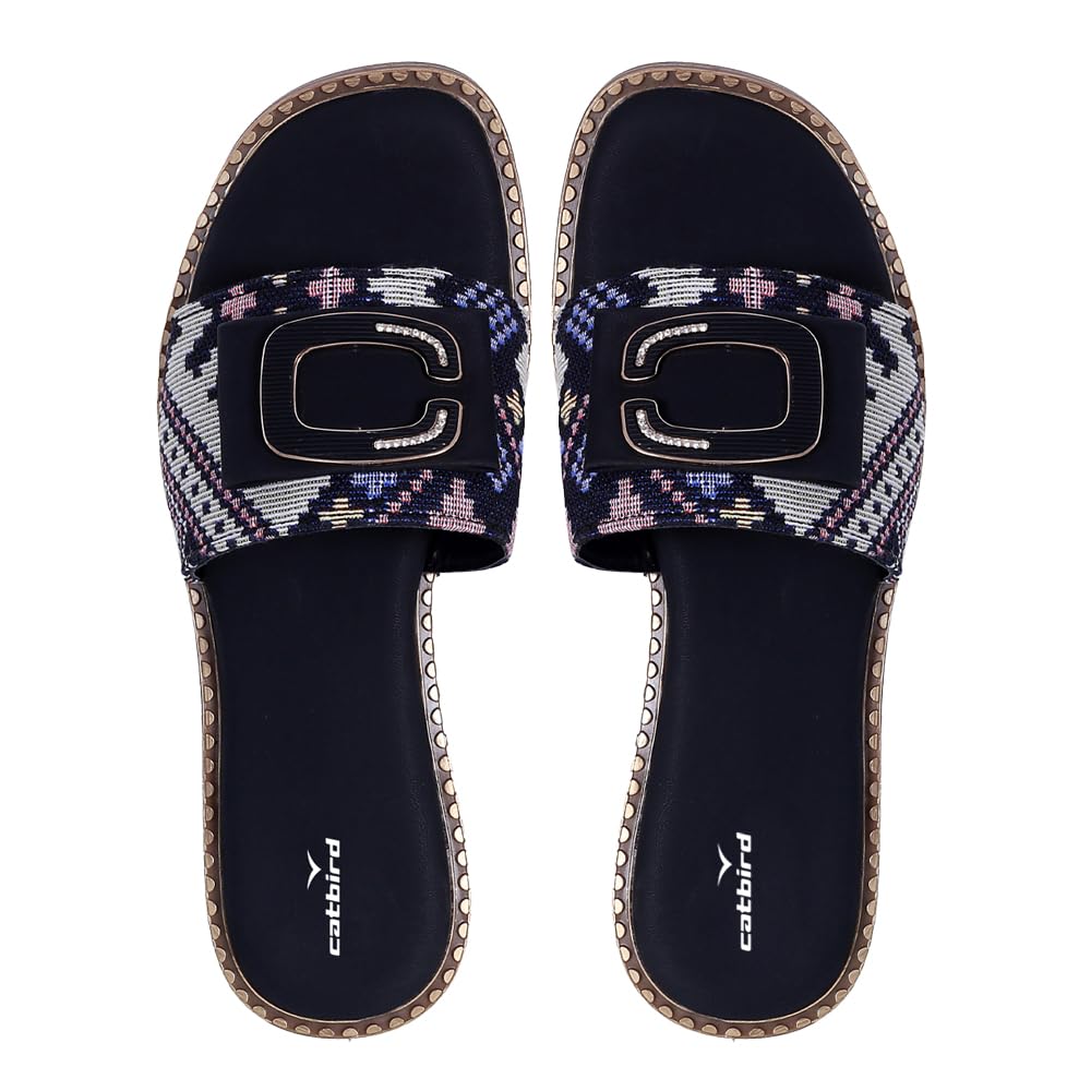 Women Flat Sandals Slip On Open Toe Casual Slides for Women Comfortable Fashion Sandals with Textured Woven Strap Decorative Buckle-image-21