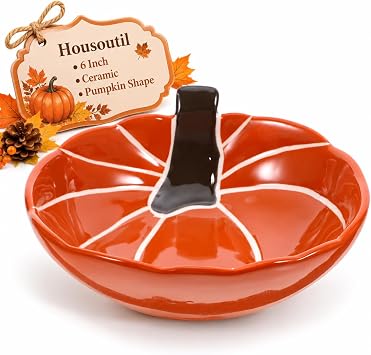 Housoutil Halloween Candy Bowl, 6 Inch Ceramic Pumpkin Candy Snack Bowl