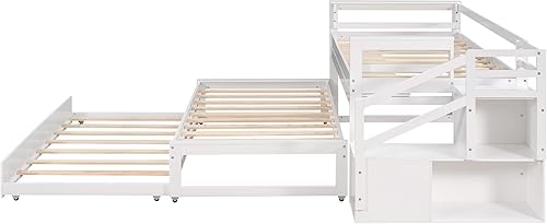 Miniatura 6 de Daybed with Storage Staircase and 2 Open ShelvesTwin Size Low Loft Bed Wood Daybed Bedframe with Double Trundle for 3Space Saving Bedroom Furniture