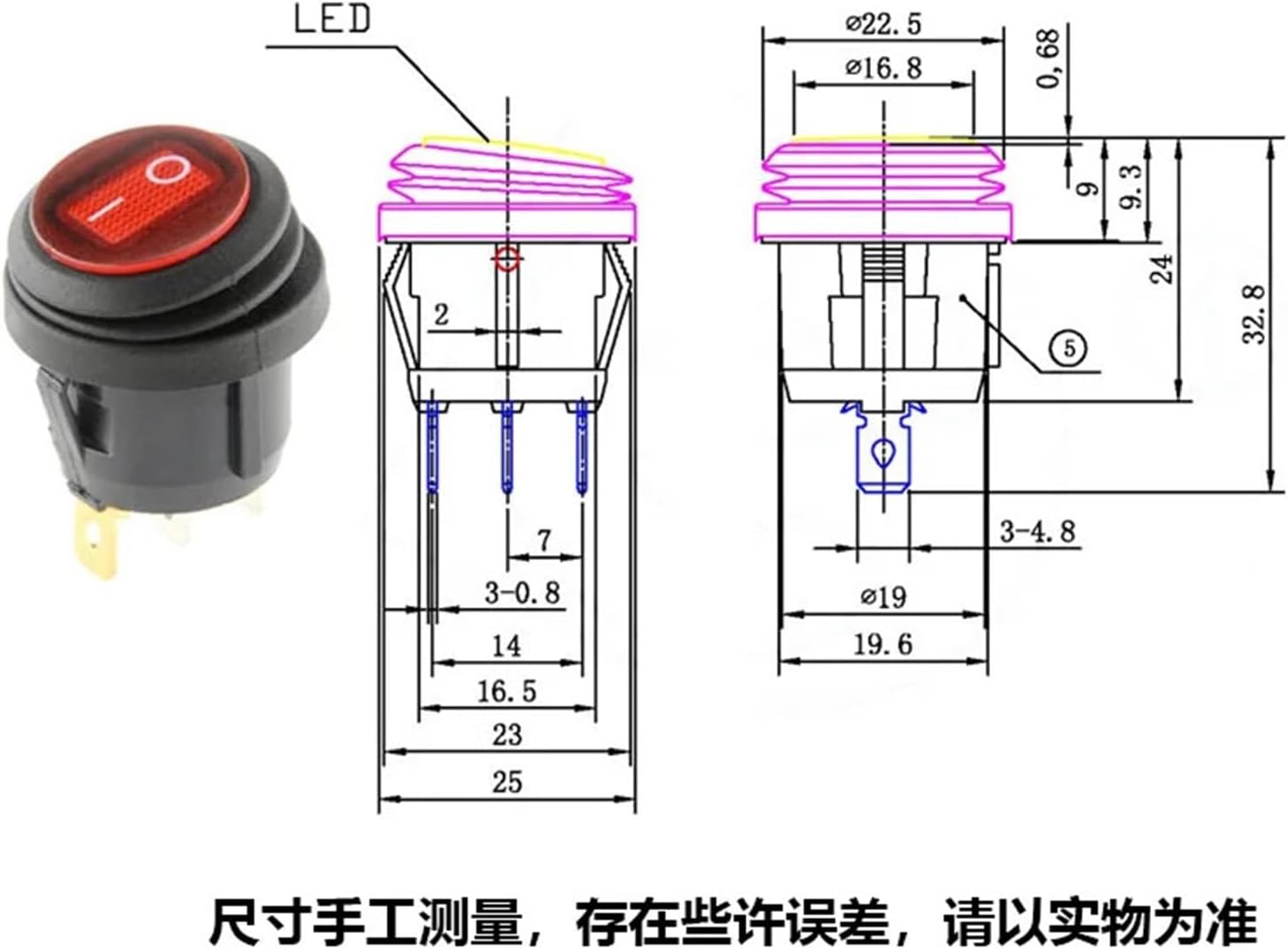 1 Pack Button with 220V Light Rocker Switch Opening 25mm Boat Shape Round 3 Pin Silver Dot(2p Black)