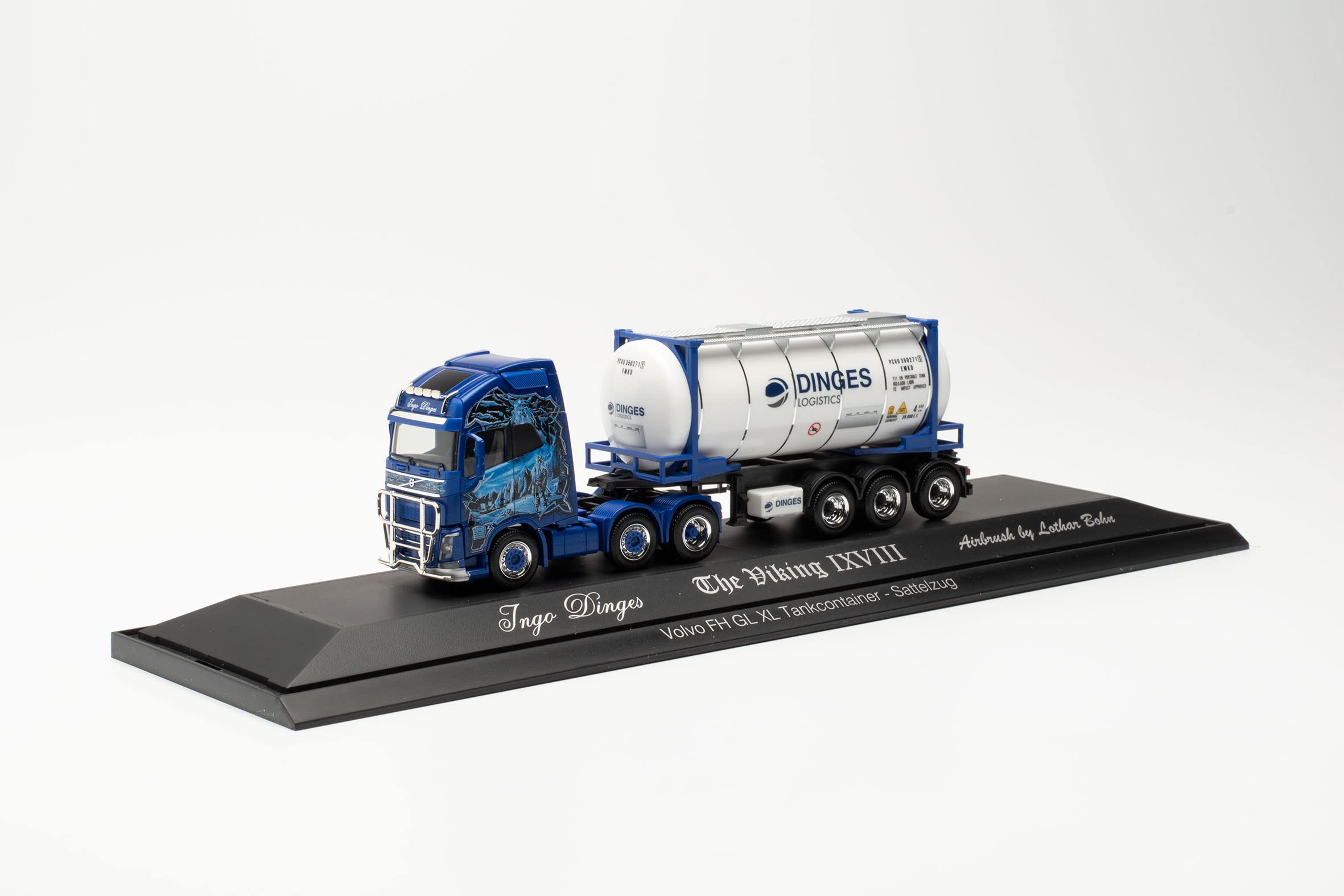 Herpa 122184 Volvo FH Gl. XL 6 x 2 Tank Container Saddle Pulley Ingo Dings Truck Miniature Models Small Model Collector's Item, Detailed, Multi-Colour