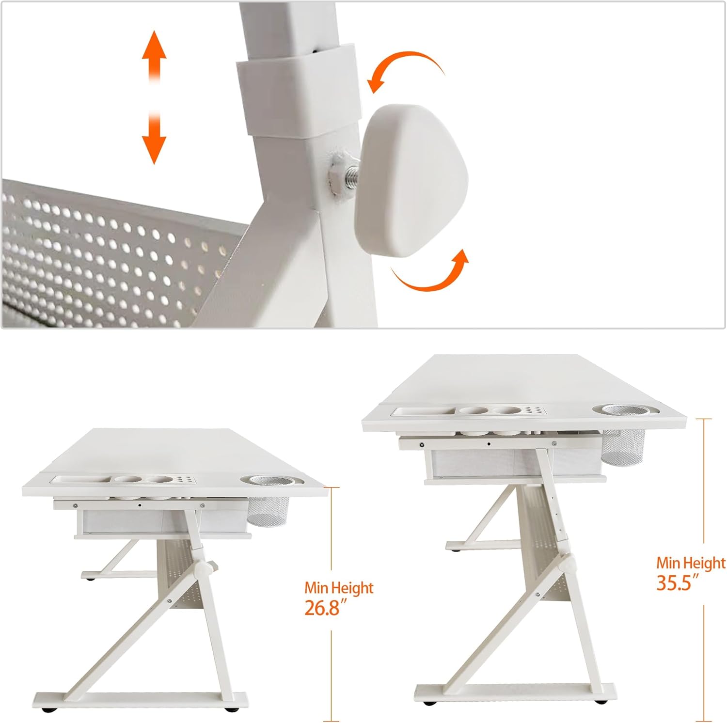 Adjustable Drawing Drafting Table Desk with 2 Drawers & Matching Stool – All-White Ergonomic Art Desk for Home Office, Studio, and School (0°–75° Tilt, 68–91 cm Height, 150 kg Stool Capacity)