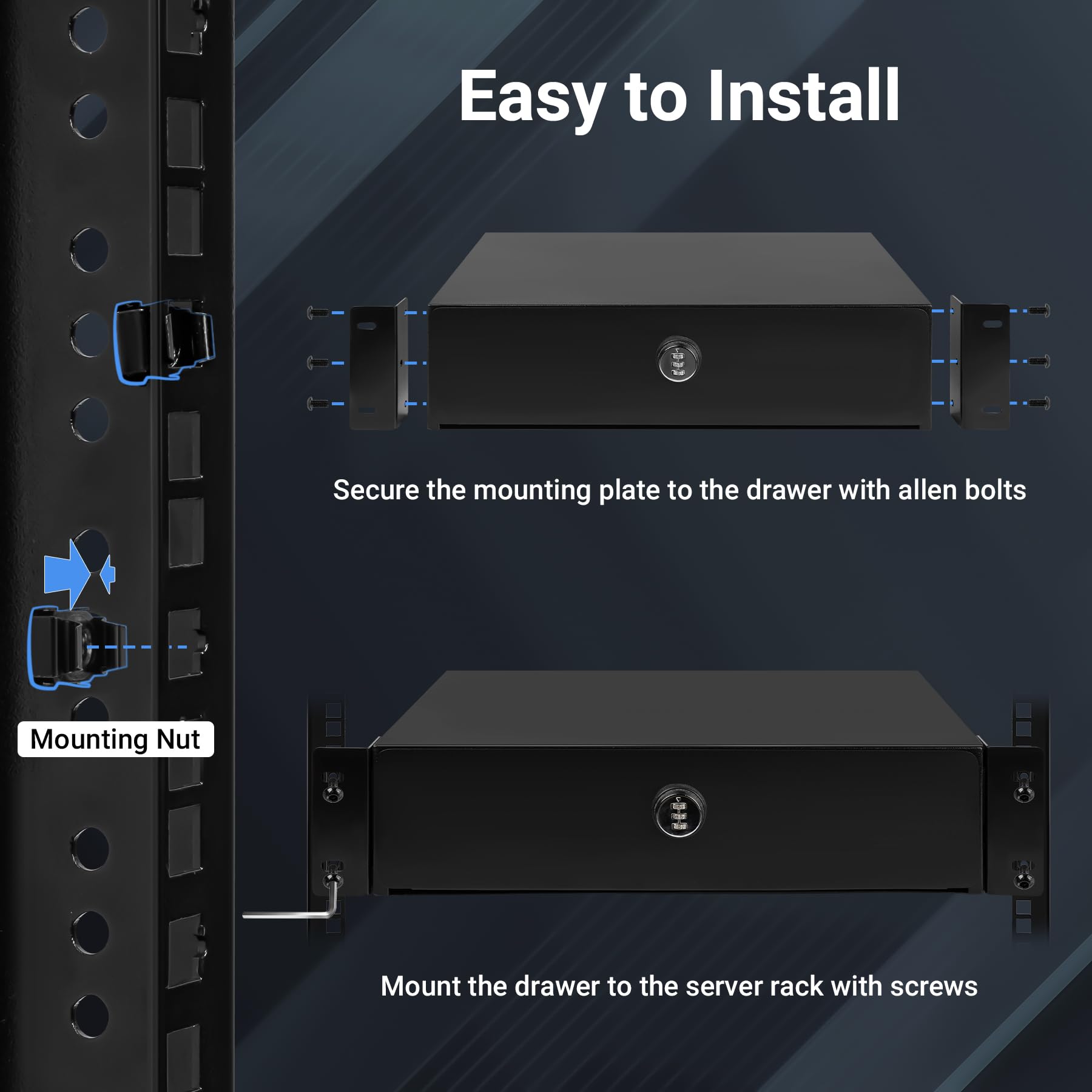 Cassetto per montaggio su rack 2U con serratura a combinazione e cuscinetto in schiuma, cassetto di bloccaggio verniciato a polvere per apparecchiature di rete da 19", server/DJ/AV, armadi