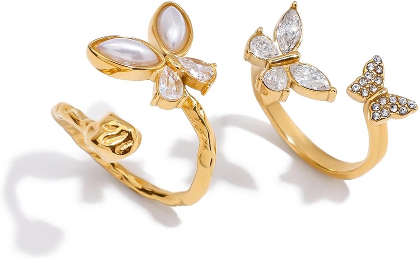 Delicate Shiny Open Ring Stainless Steel Finger Jewelry Adjustable Pearl Diamonds Ring For Women 1Pcs