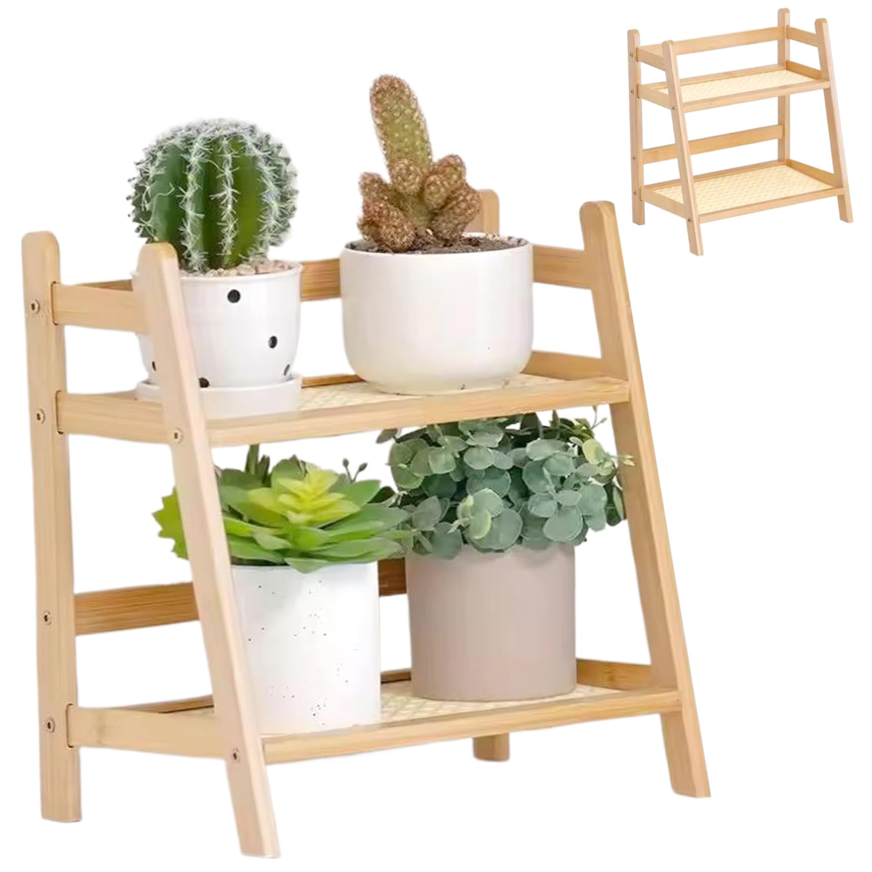Organisateur de bureau double niveau en bois et rotin pour optimiser le rangement
