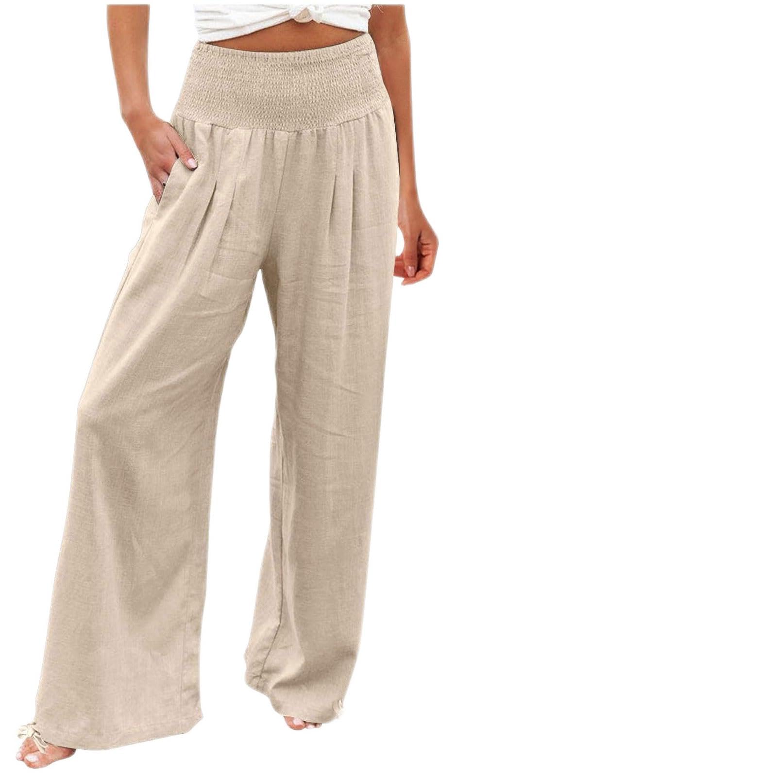Wide Leg Linen Pants Women Summer High Waisted Boho Beach Flowy Pant Casual Vacation Outfits Elastic Lounge Trousers