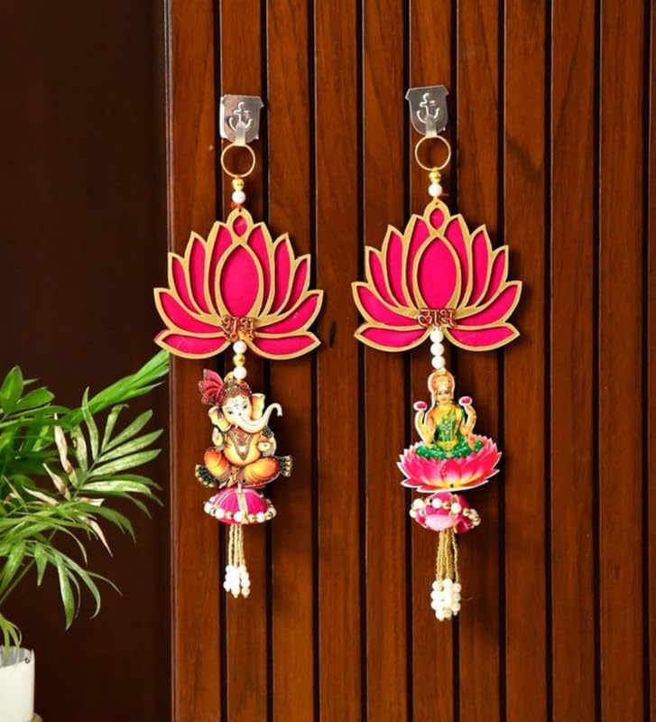 Image of shubh labh Hanging,latkan for Decoration, Mandir Door Decorations Items, Pink Lotus with Ganesh laxmi Hanging, Ganpati Decor & Diwali Decoration|2 Pieces|12 Inch |