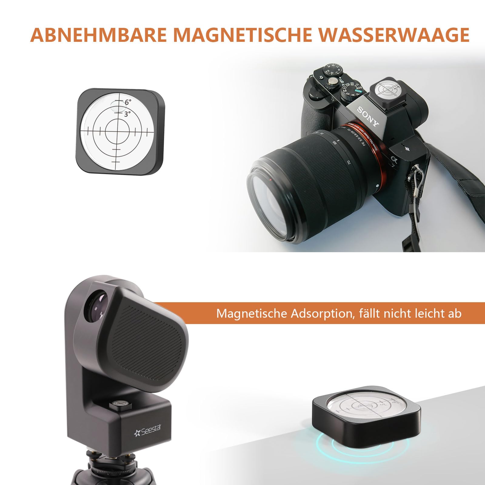RAUBAY Stativ-Nivellierbasis – Abnehmbare magnetische Wasserwaage, ±6° Neigungsbereich, CNC-Aluminium 1/4"-Montage-Nivellierer für DSLR-Kameras, Videoköpfe und astronomische Teleskope LB-01