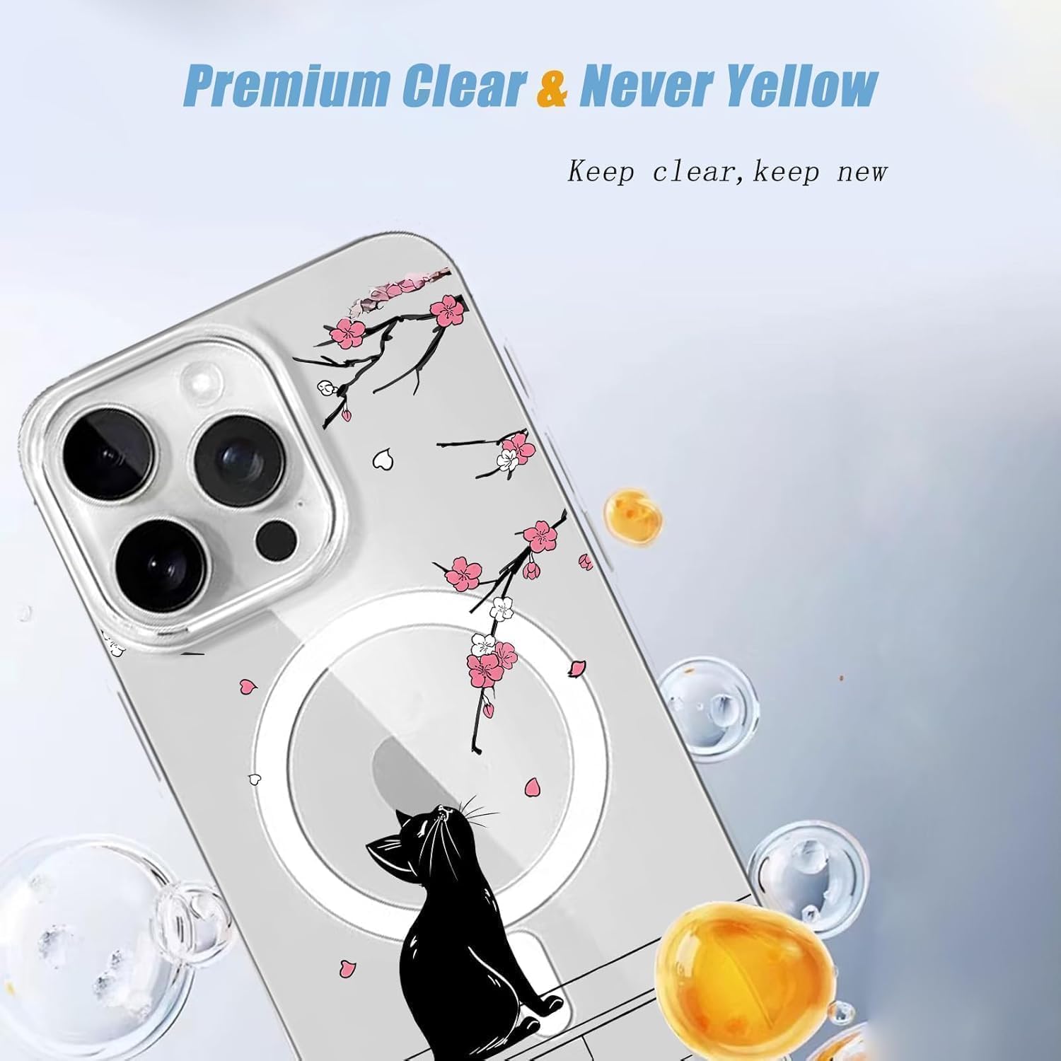 Magnetic Black Cat for iPhone 12/12 pro Case, Cute Kawaii Girly Cat Cherry Blossom Magnetic Phone Case Compatible with MagSafe, Clear Soft Slim Case for Women Girls for iPhone 12/12 pro - Image 3