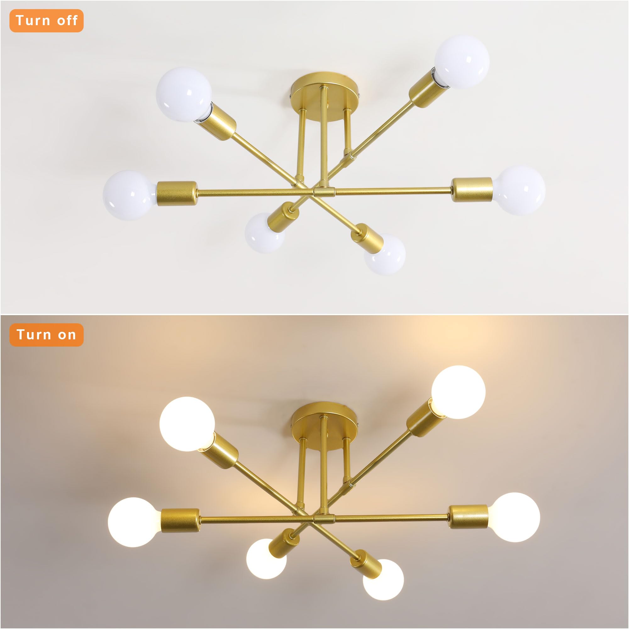Comely Plafoniera Sputnik Moderno, 6 Luci E27 Lampadario Industriale in Metallo, Oro Lampada da Soffitto Retrò per Soggiorno Camera da Letto Cucina Ristorante