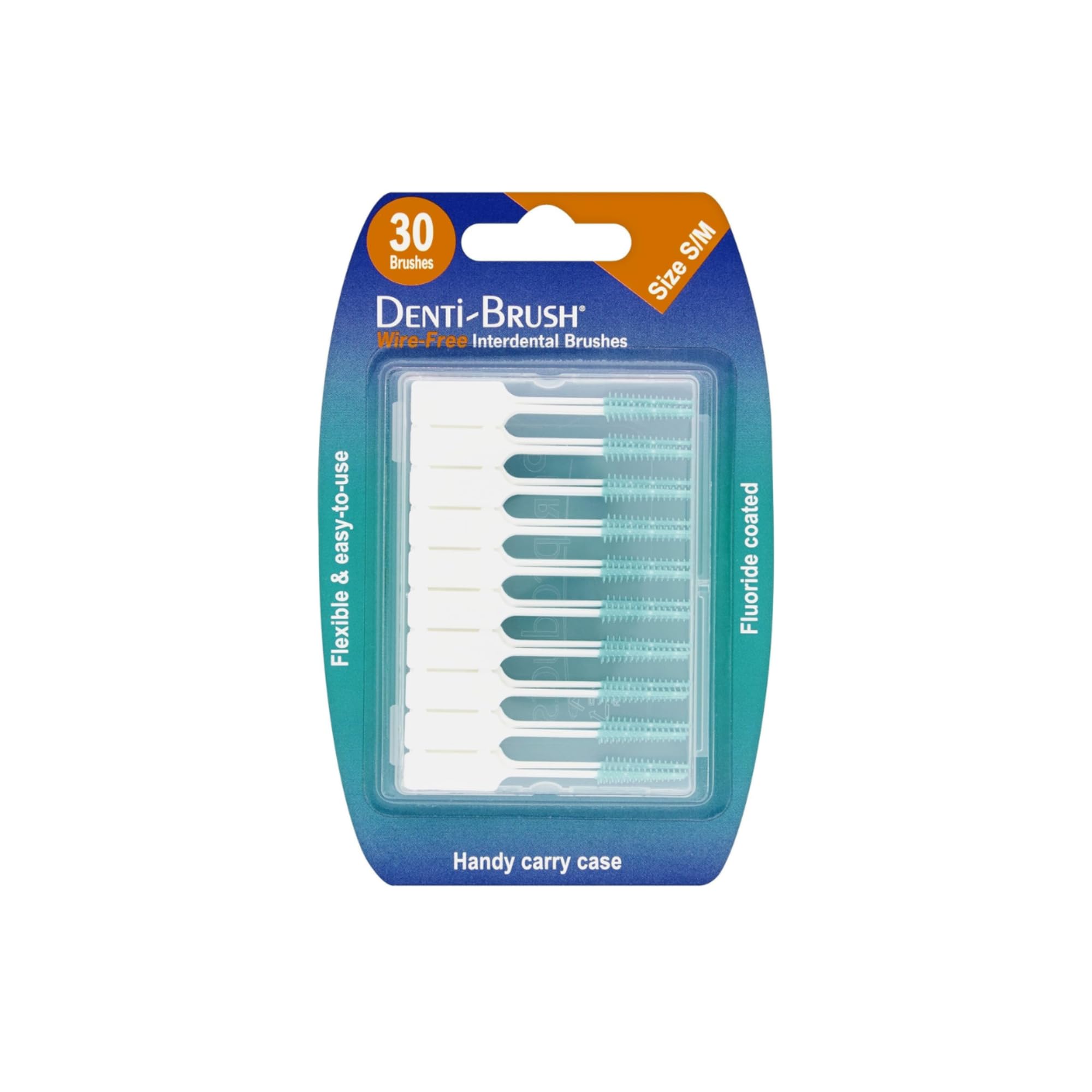 Denti-Brush Wire-Free Interdental Brushes, Pack of 30, Flexible Fluoride-Coated Dental Brushes for Cleaning Between Teeth, Size S/M, 1mm - 3mm, with Handy Travel Carry Case