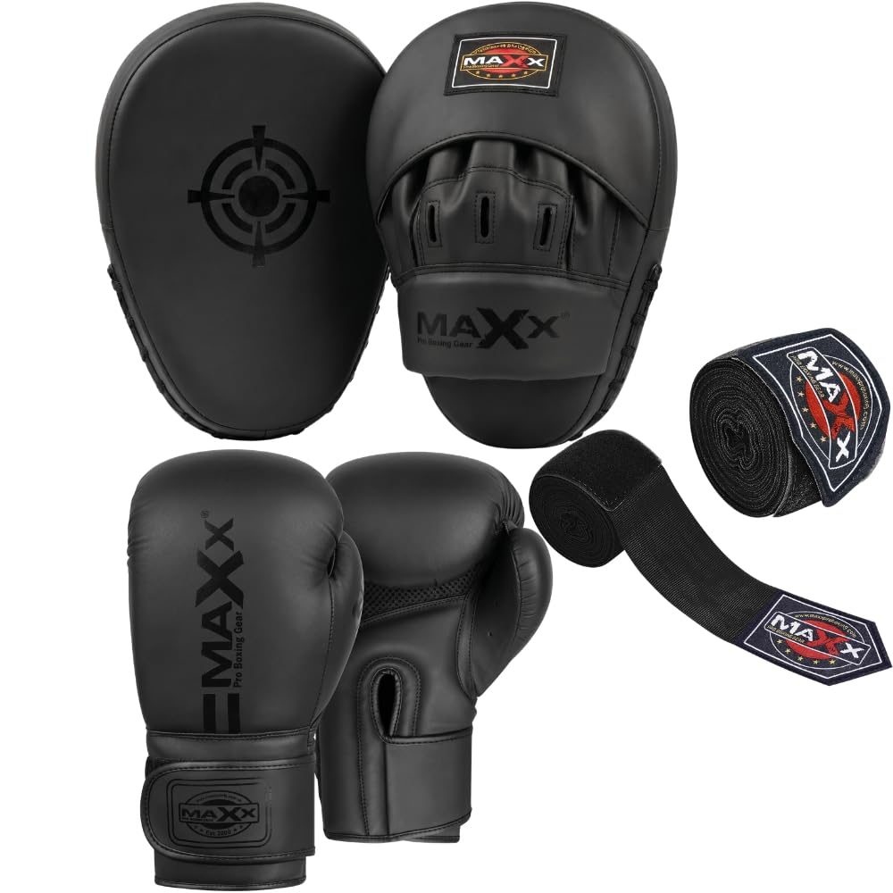 Maxx Boxing Gloves & Leather Curved Focus Pads Set with Free Hand Wraps – MMA, Muay Thai, Kickboxing Training Gear – Punching Mitts & Sparring Gloves – Multi Colors (BLACK, 10OZ)