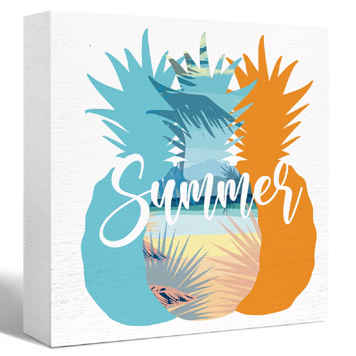 SJNH Hello Summer Pineapple Wood Box Sign Enjoy Paradise Wooden Block Sign Desk Décor for Home Bedroom Office Desk Cubicle Table Shelf Tabletop Décor,Cute Summer Beach Sign Decor