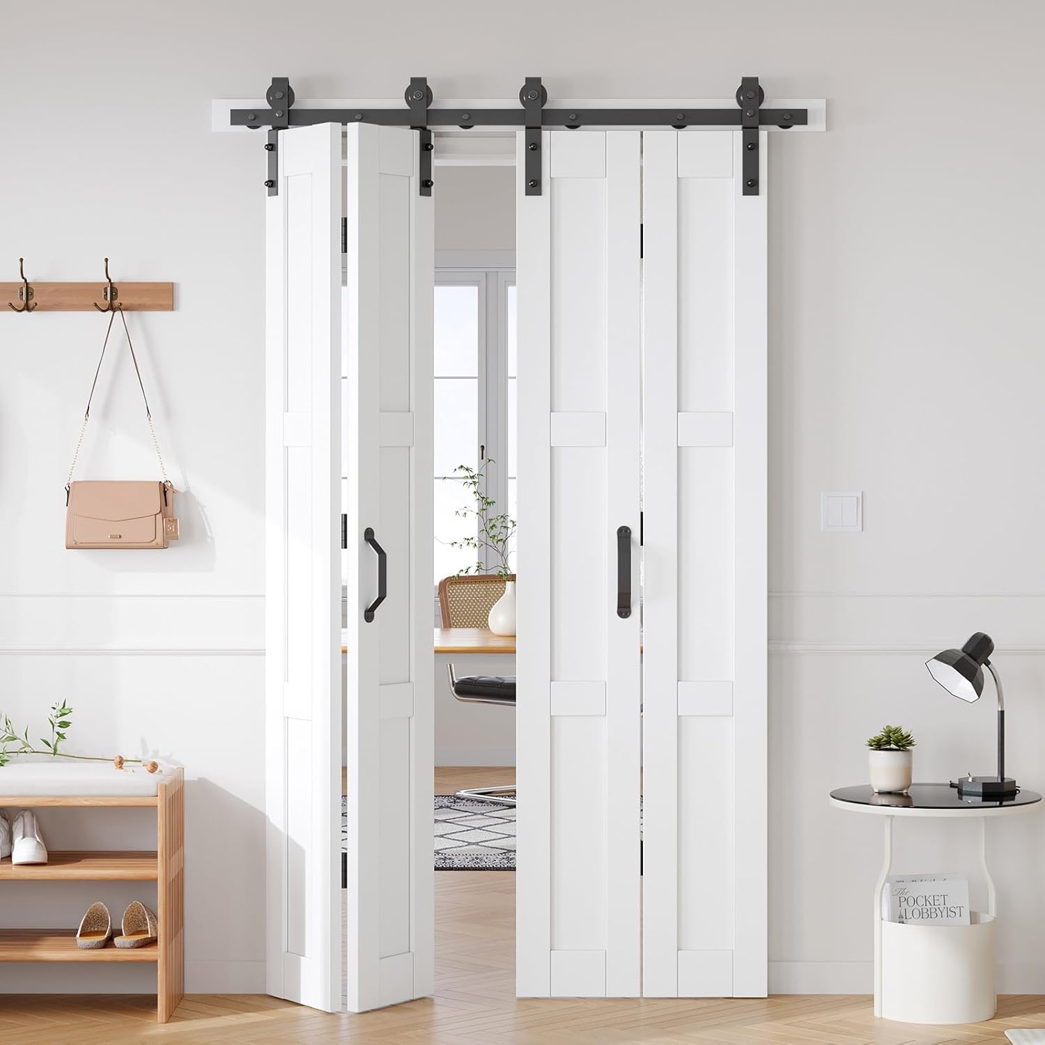 Fredbeck White Bifold Barn Doors 48x84 with Hardware Included for Pantry,Bedroom,Closet