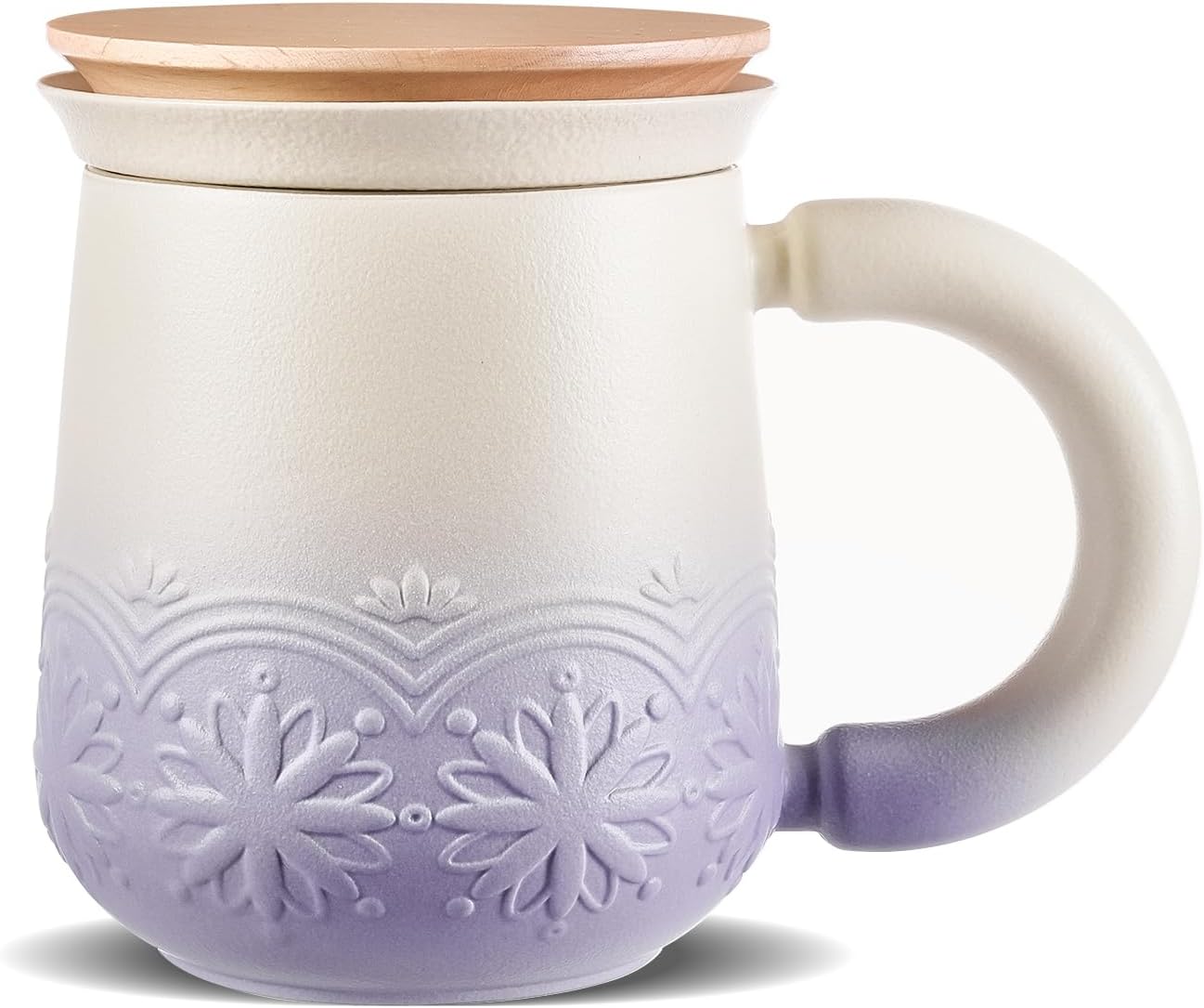 ZENS Tea Mug with Infuser and Lid for Loose Leaf Tea Steeper, 11 oz Embossed Ceramic Tea Cup with Strainers. Wood Lid Tea Diffusers Mugs for Collector's Mug Gifts, Pale Purple