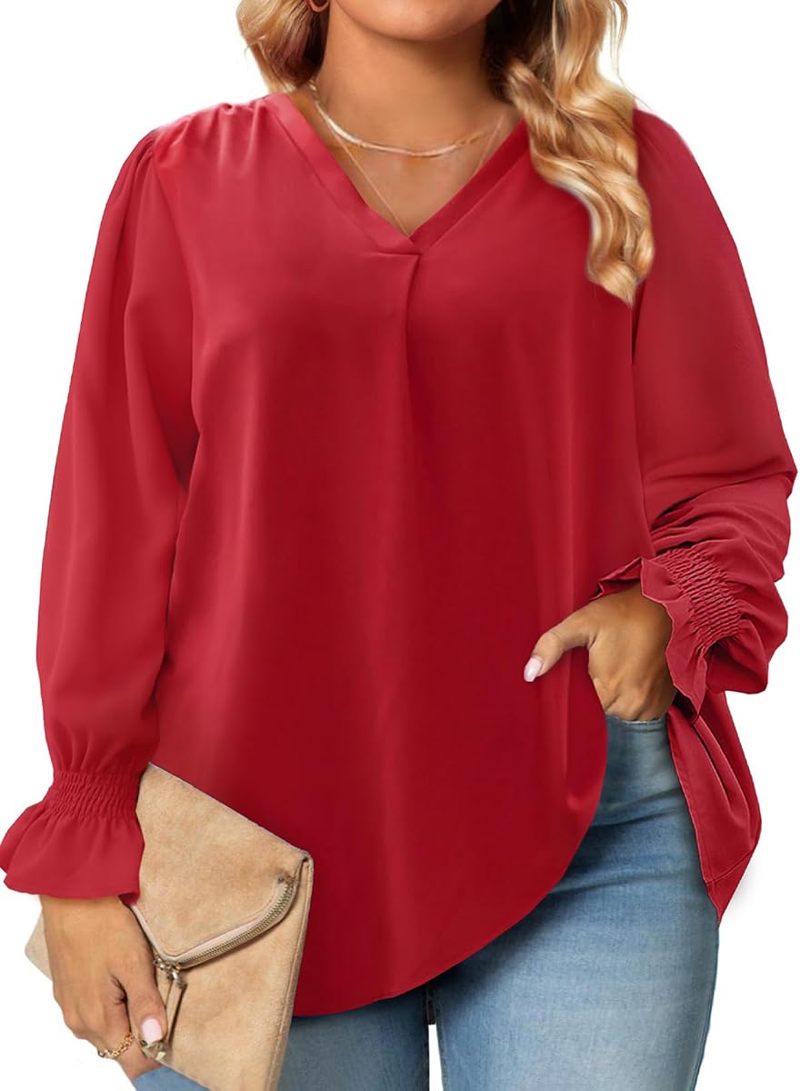 Eytino Blusa de manga larga con cuello en V sexy para mujer, camisas de trabajo informales sueltas (1X-5X)