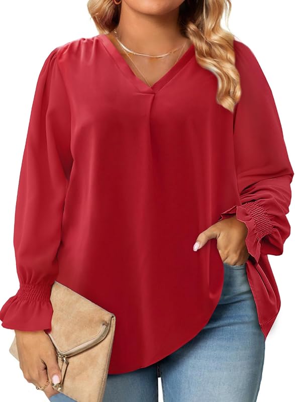 Eytino Blusa de manga larga con cuello en V sexy para mujer, camisas de trabajo informales sueltas (1X-5X)