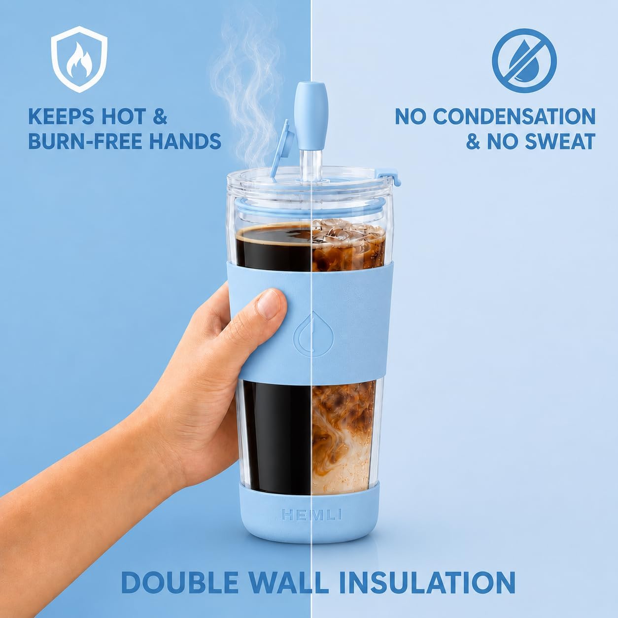 19 oz. Double Wall Glass Coffee Tumbler, To Go Travel Mug with Lid, Portable Glass Thermos with Straw, Reusable Cup, Tea, Smoothies, Ice Coffee, and Boba