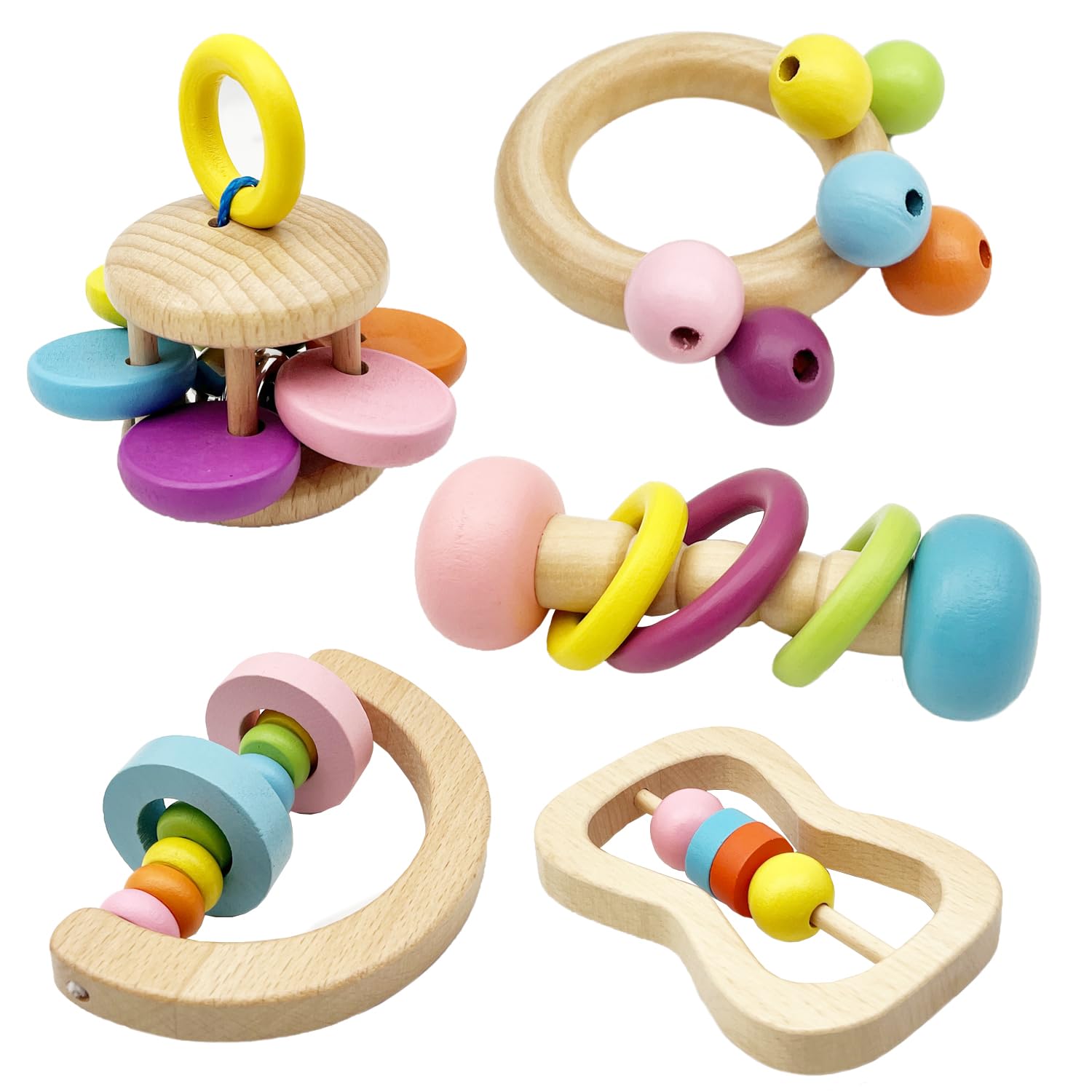 Wooden Baby Rattle, Organic Colorful Baby Rattles Set, Toddler Hand Wooden Rattles Toy Set for Infant Grasping, Sensory Development, Gift for Baby Boys Girls 5pcs-2
