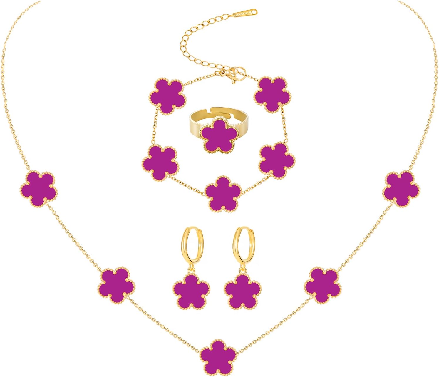 Gold Plated Stainless Steel Four Leaf Clover Bracelet Necklace Ring and Earrings Jewelry Set for Women