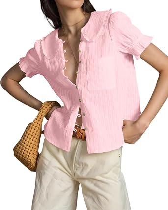 Womens Peter Pan Collar Shirt Short Puff Sleeve Button Down Blouse Tops 2025 Summer Casual Stripped Shirts