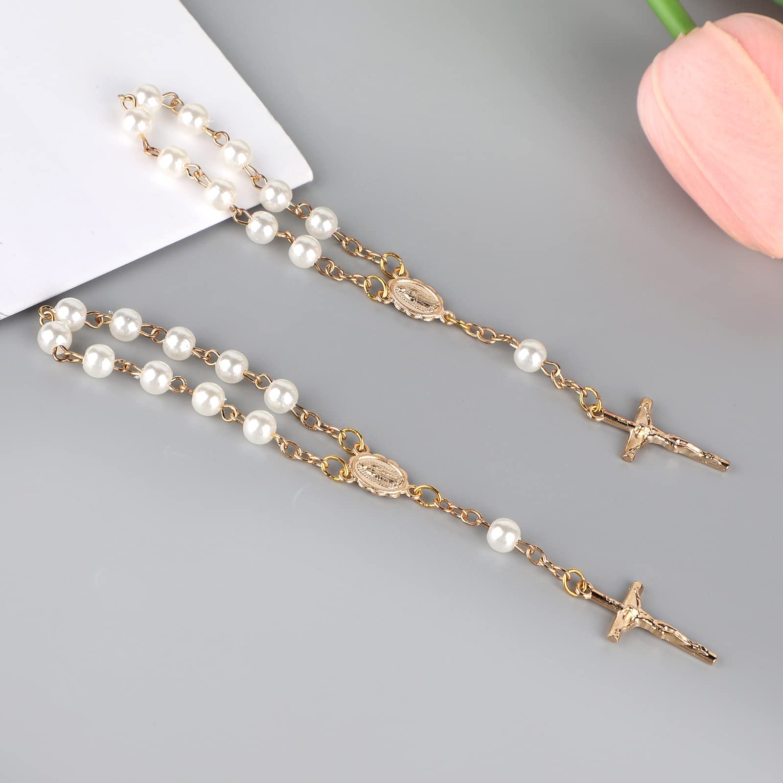 Mini Chapelet De Baptême En Ivoire - Perles Acryliques Avec Croix - Cadeau Baptême, Baby Shower, Mariage - 4x12,5 Cm - 6