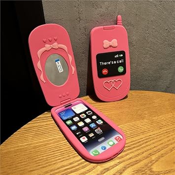 15 Pro Max Case 15ProMax Case Silicone Phone Case with Mirror Pro Cover Silicone Phone Cover Cute Flip Phone Shape Retro Flip Smartphone Case Case Bumper Case FT Rubber for Women Pink,iPhone