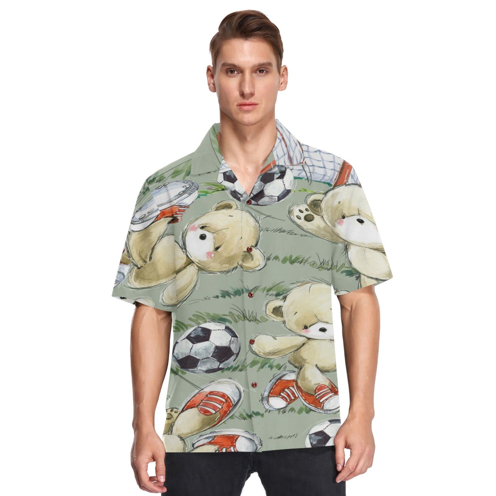 Anantty Men's Multicoloured Hawaiian Shirts Cute Teddy Bear Football Beach Shirts Button Down Short Sleeve Casual Aloha Shirts Shortsleeve