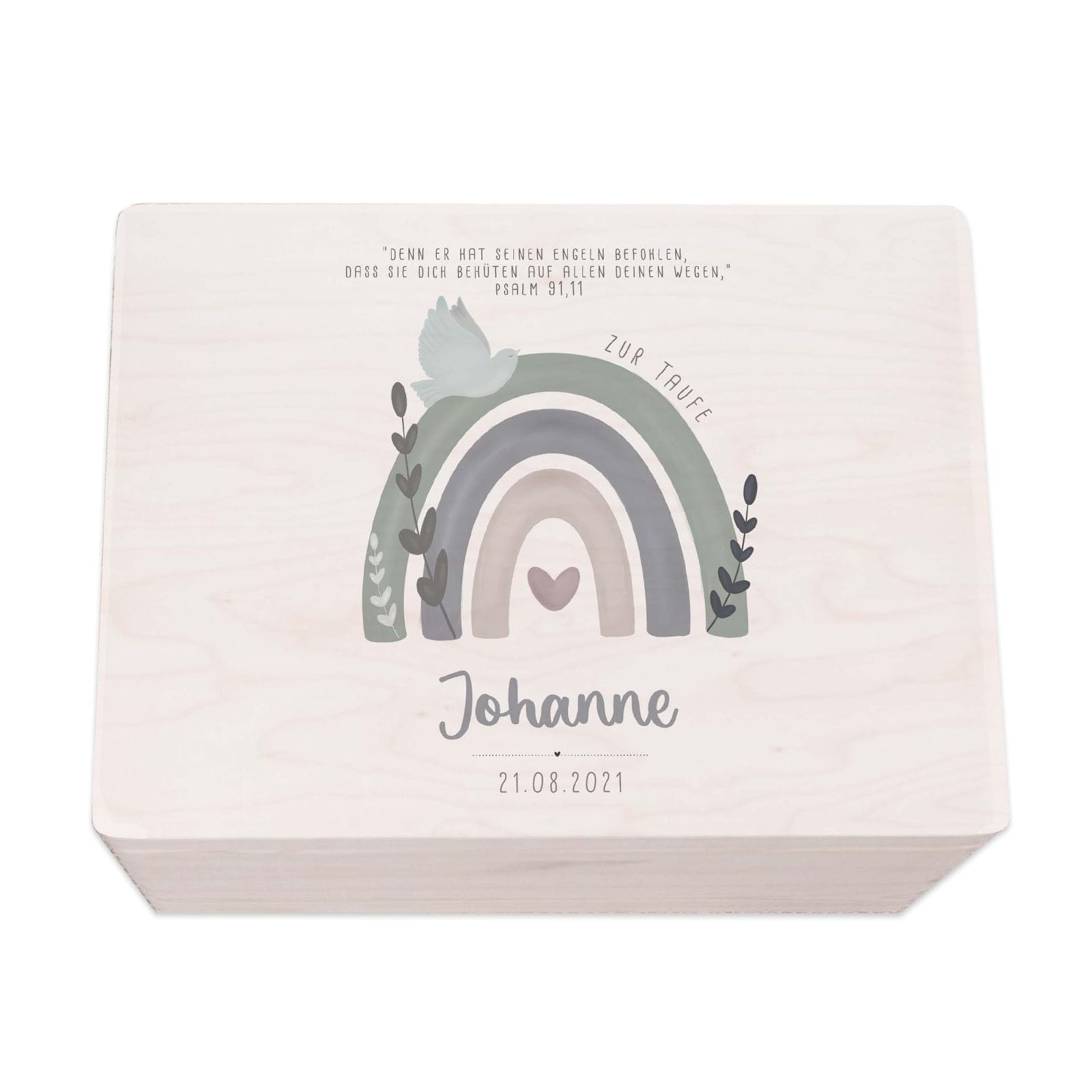 hellomini Taufgeschenke - Personalisierte Erinnerungsbox Taufe aus Holz - Taufgeschenke für Mädchen - Taufgeschenke Jungen - Taufe Geschenk (Regenbogen Taube Druck, S: 30x20x14cm)