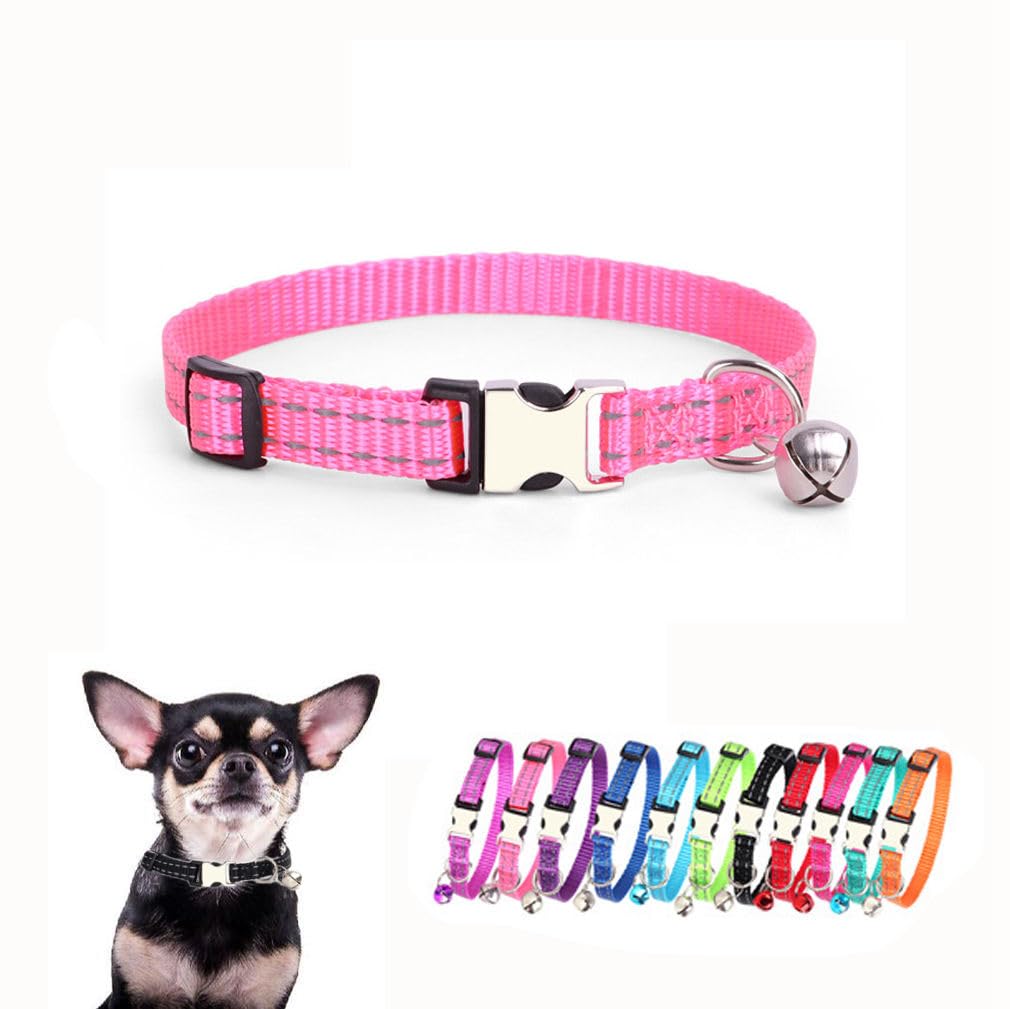 Puppy Collar with Bell, Reflective Nylon Metal Buckle Cat Collar with Bells for XXS XS Tiny Pet Little Dogs Girl Kitten Female Small Animal, Pink X-Small