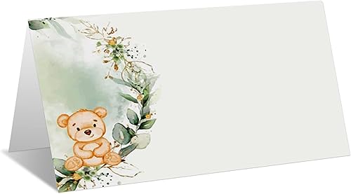 Tarjetas de lugar para fiesta de oso verde, tarjetas editables con nombre, tarjetas de lugar de asiento para mesas, tarjetas estilo tienda de