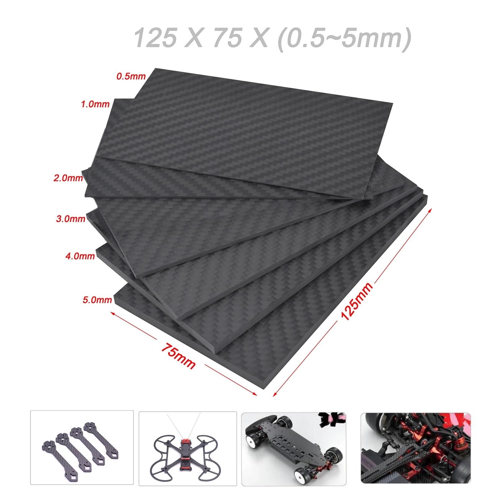 Carbonfaserplatten 125 mm x 75 Kohlefaserplatte mit hoher Härte, 0,5 mm/1 mm/2 mm/3 Dicke, UV-beständig für Heimwerker(125x75x3mm)