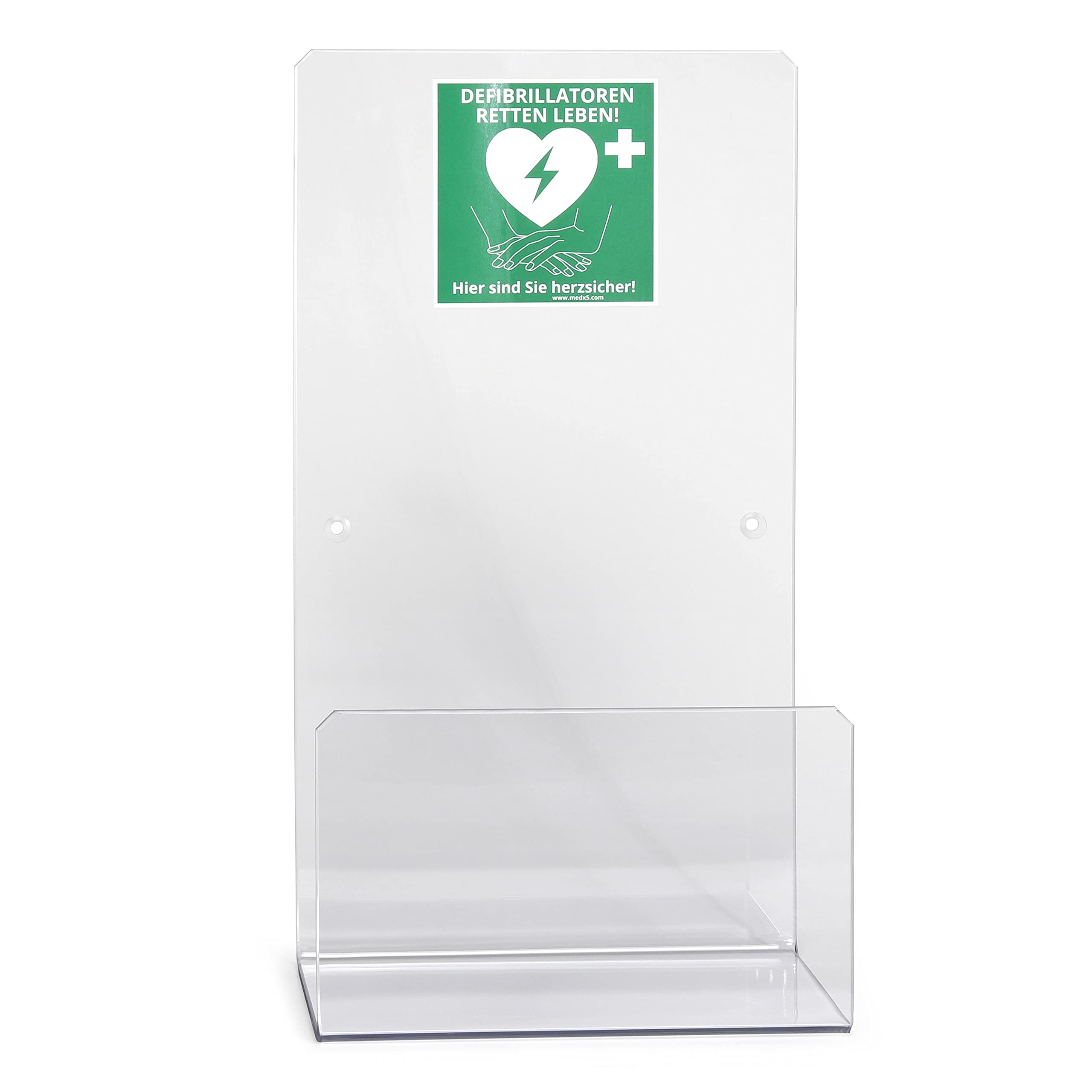 MedX5 Universal Acrylglas Defibrillator Wandhalterung für Innenbereiche mit Defi-Standortschild