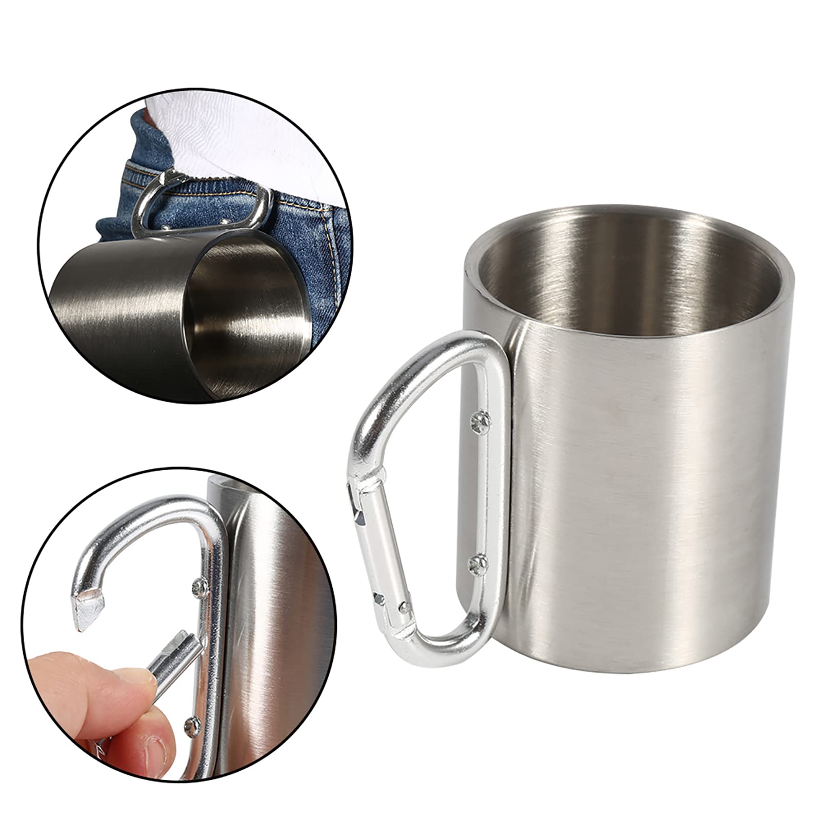 Taza Con Mosqueton, 220ml Taza Portátil de Acero Inoxidable Ideal para Viajes, Camping, Senderismo y Deportes al Aire Libre