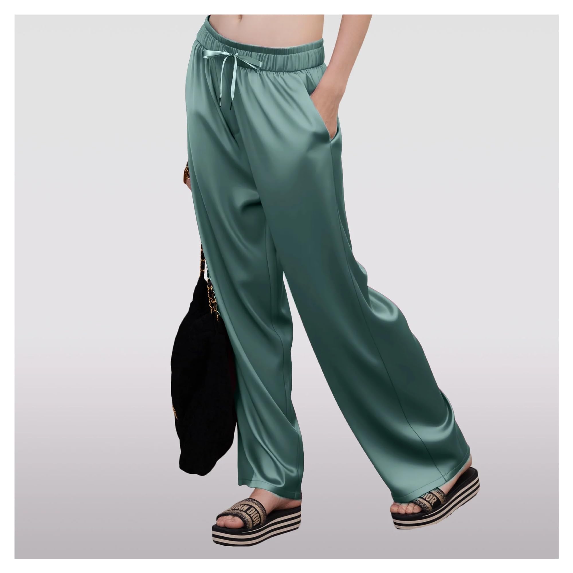Pantalones de Verano Pantalones Anchos de Seda for Mujer, Rectos, Ligeros, de satén, con Bolsillos, for Uso Diario e Informal. para Mujer(Black,XL)