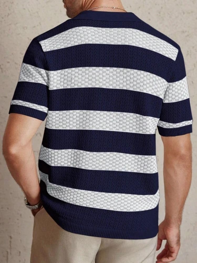 MORISTE Camicia Uomo a Righe Contrastanti Lavorata a Maglia, Colletto rivoltato Manica Corta Casual Top
