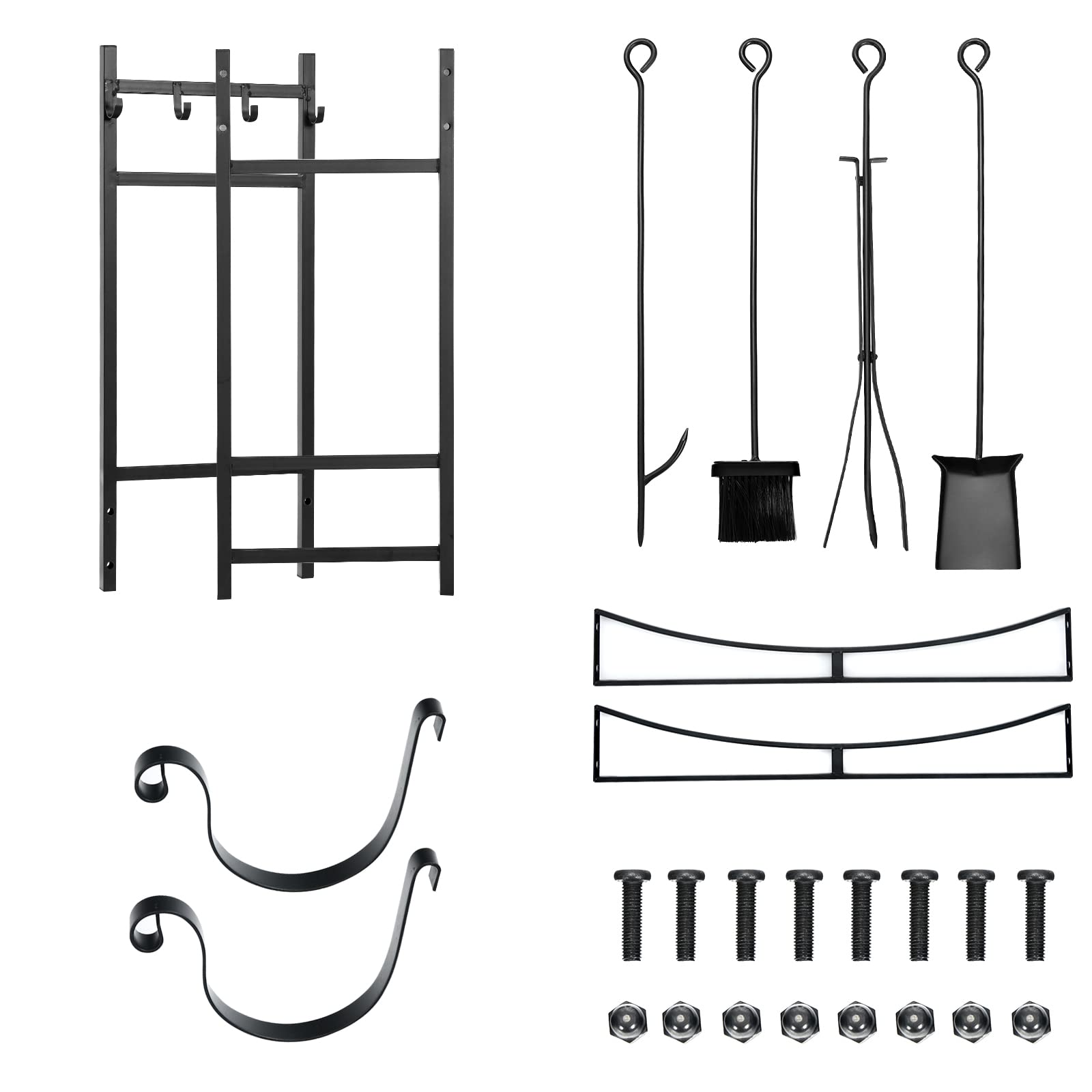 COSTWAY Porta Legna per Interni ed Esterni, Porta Legna per Camino di Metallo con Pala, Attizzatoio, Pinze, Scopa, Ideale per Camino, Stufe e Braciere, Portata 50 kg (90 x 33 x 76 cm)