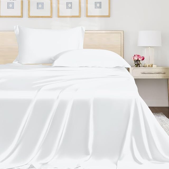 LINENWALAS Single Flat Sheet Only 100% Organic Bamboo Flat Sheet for Single Size Bed, Soft Luxury Cooling Top Bed Sheet Bedding Perfect for Skincare (Single, White)