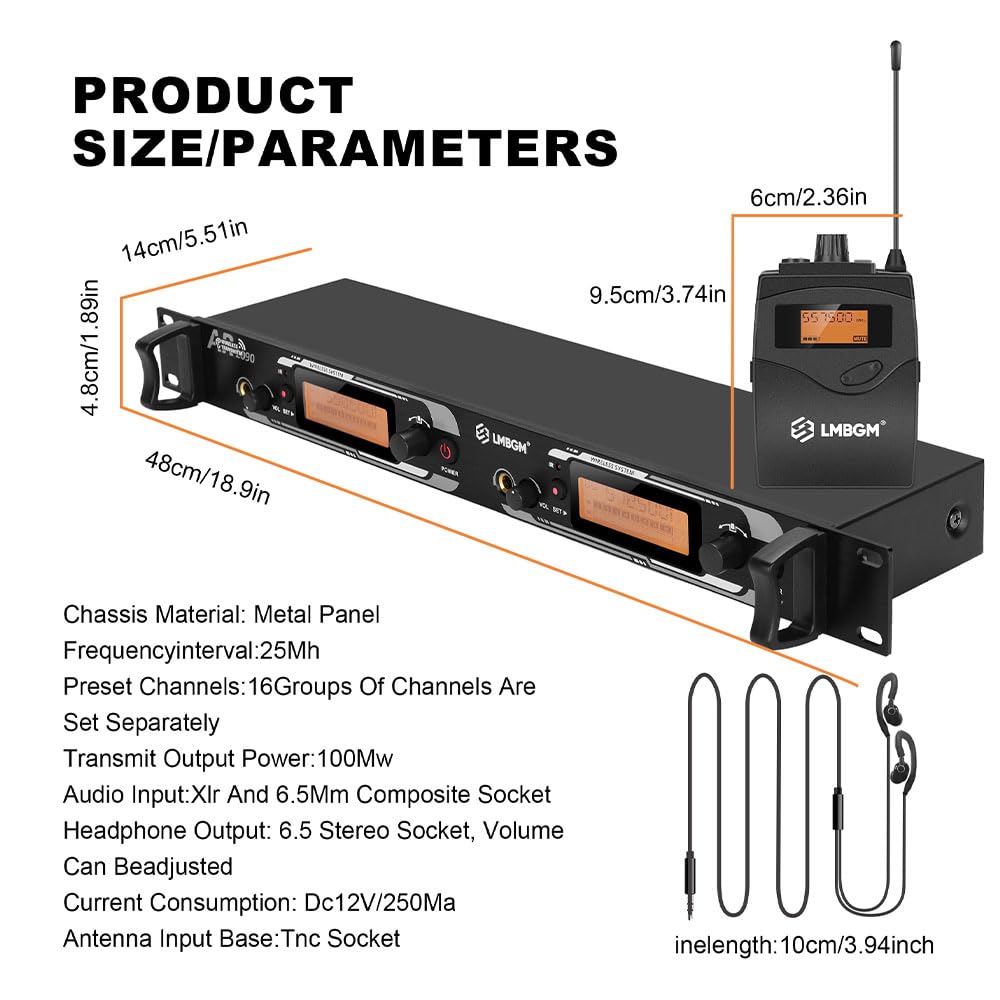 AR2090 Mono UHF Dual Channel Wireless In-Ear Monitoring System Ideal für Aufnahmestudios, Kirchen und Bandaufführungen (2 Kanäle, 4 Bodypack)