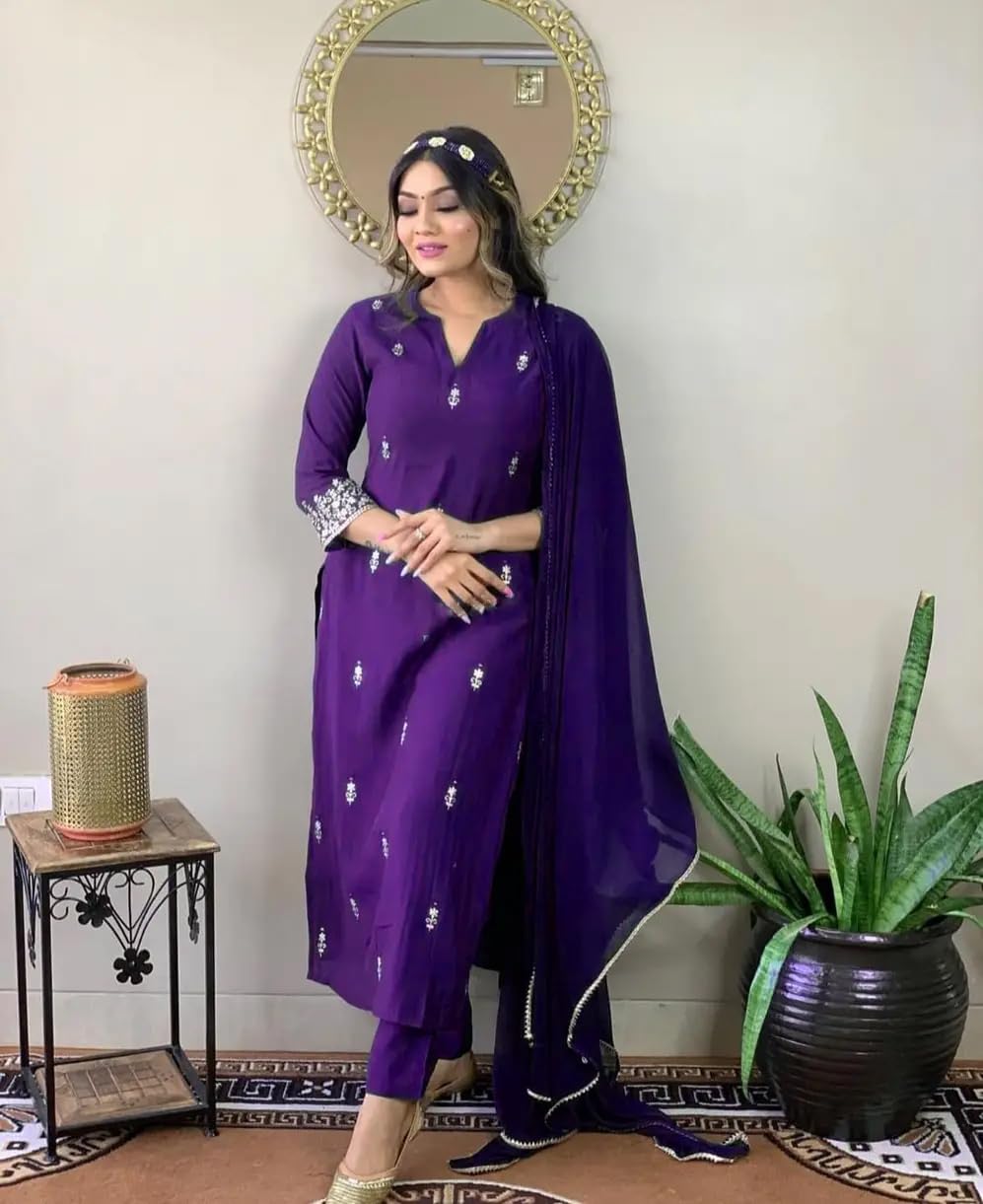 Women Rayon Embroidered Straight Kurta Pant Dupatta Ensemble Traditional Festive Apparel-image-16