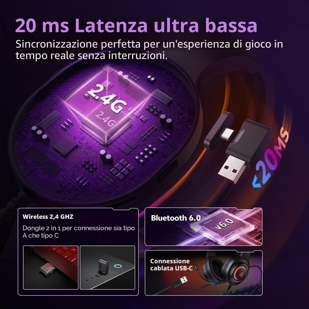 QCY Cuffie Gaming per PC/PS5/PS4/Switch, HEROAD V200 Cuffie over ear, USB-C, Batteria da 240 ore, Audio Surrounqchd 7.1, 2,4GHz Cuffie Wireless per multipiattaforma, Bluetooth 6.0